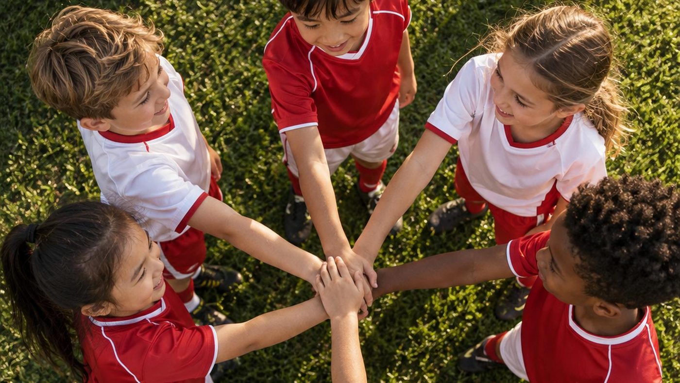 Five children in red and white kit standing in a circle on grass with their hands together.