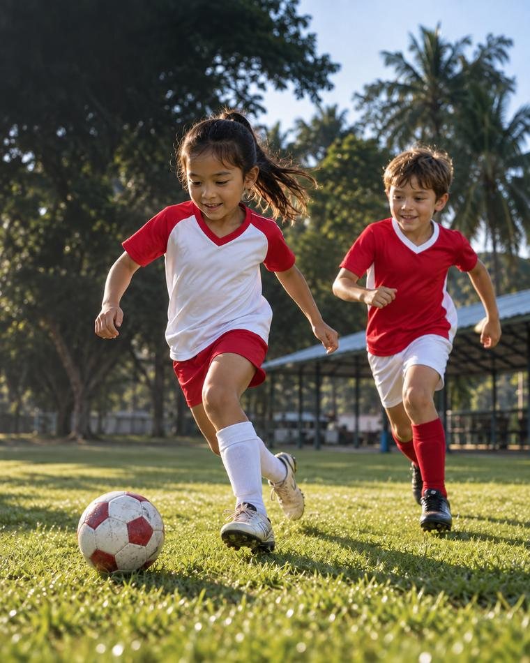 Two children in red and white kit running together on grass in the late afternoon.