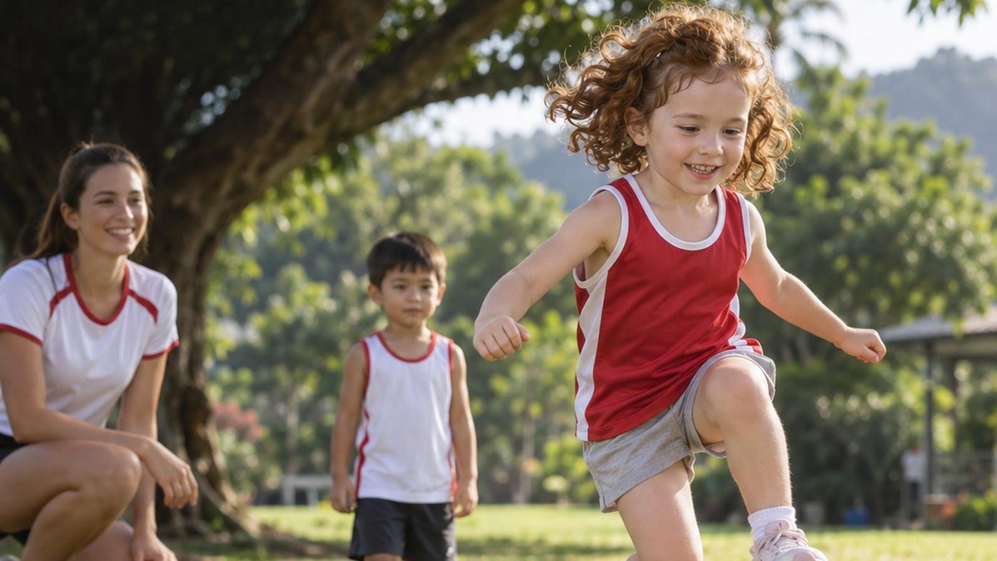 A young child mid-leap on grass in warm light.
