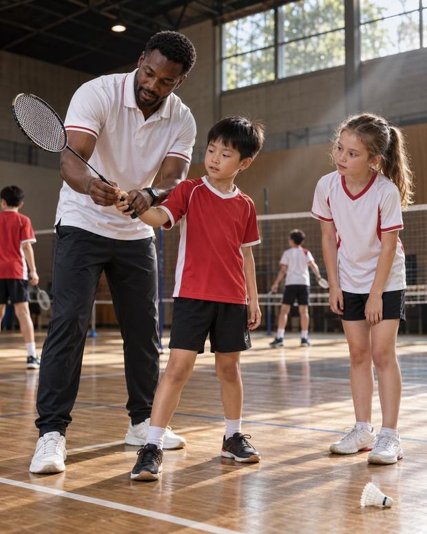 A coach and a child with badminton racquets in an indoor hall.