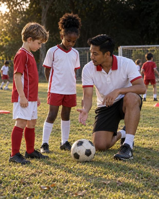 A coach guiding a child through a ball drill on grass.