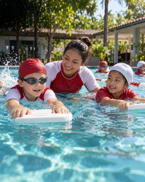 A child at the edge of a pool learning to be confident in water.