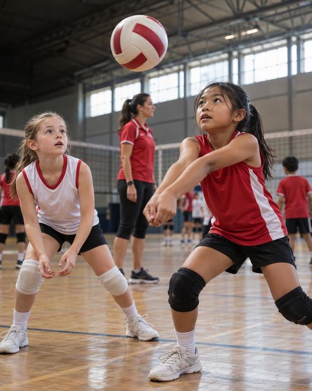 Children setting a volleyball together indoors.