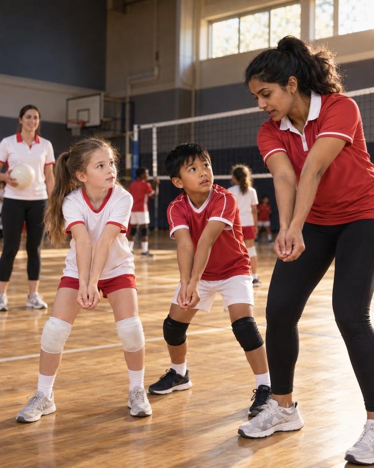 A coach demonstrating a forearm pass to young volleyball players in a sports hall